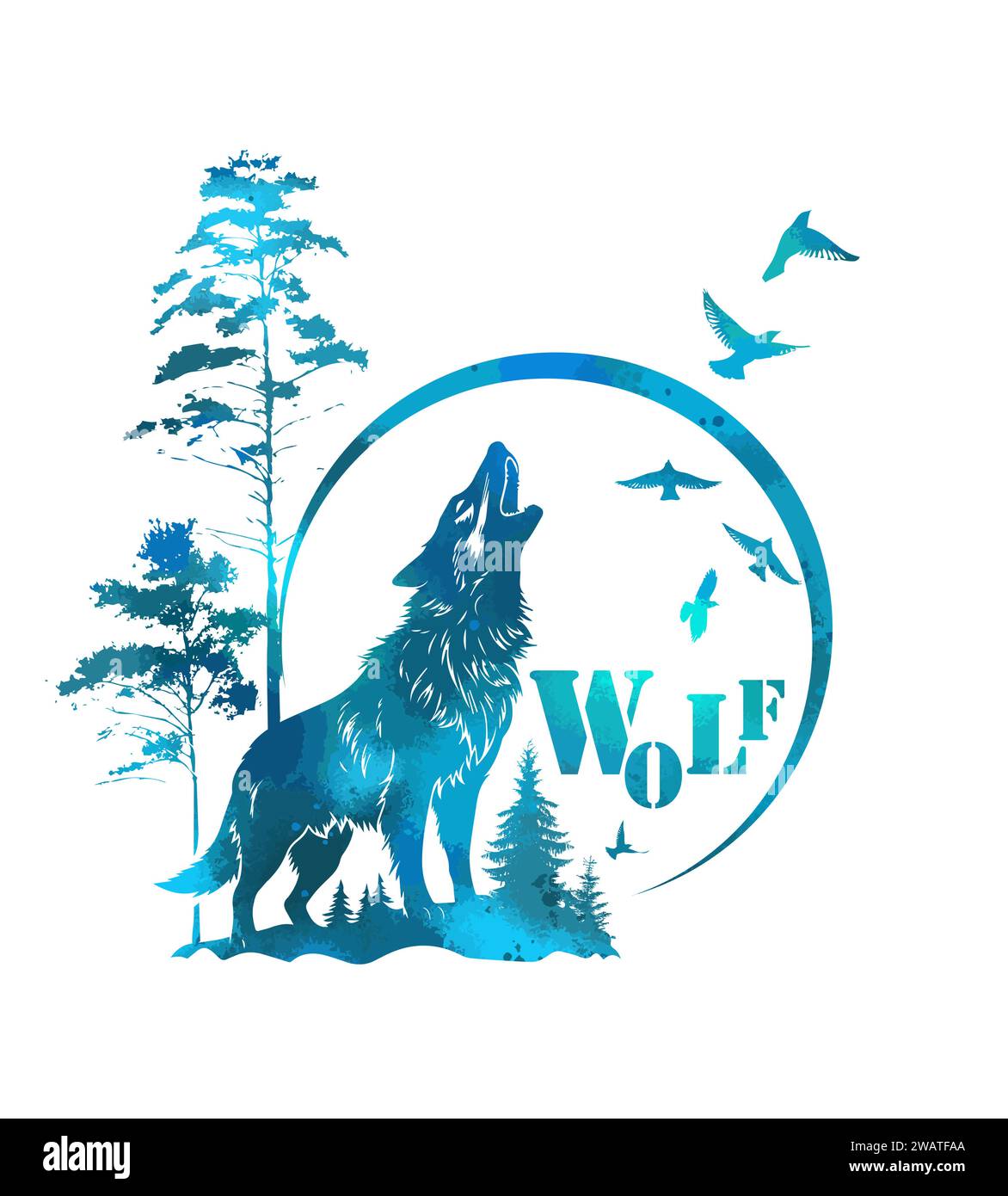 The blue wolf howls at the moon. Hand drawing. Not AI, Printing on a T