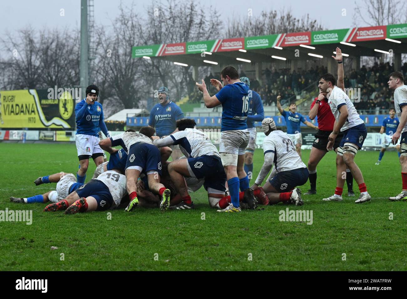 Viadana, Italy. 06th Jan, 2024. The try scored by Jacopo Botturi for
