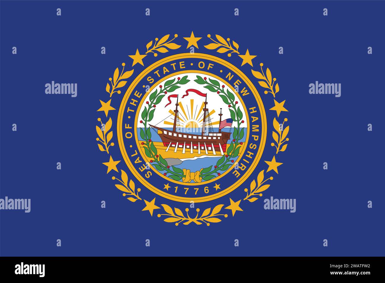 High detailed flag of New Hampshire. New Hampshire state flag, National New Hampshire flag. Flag of state New Hampshire. USA. America. Stock Vector
