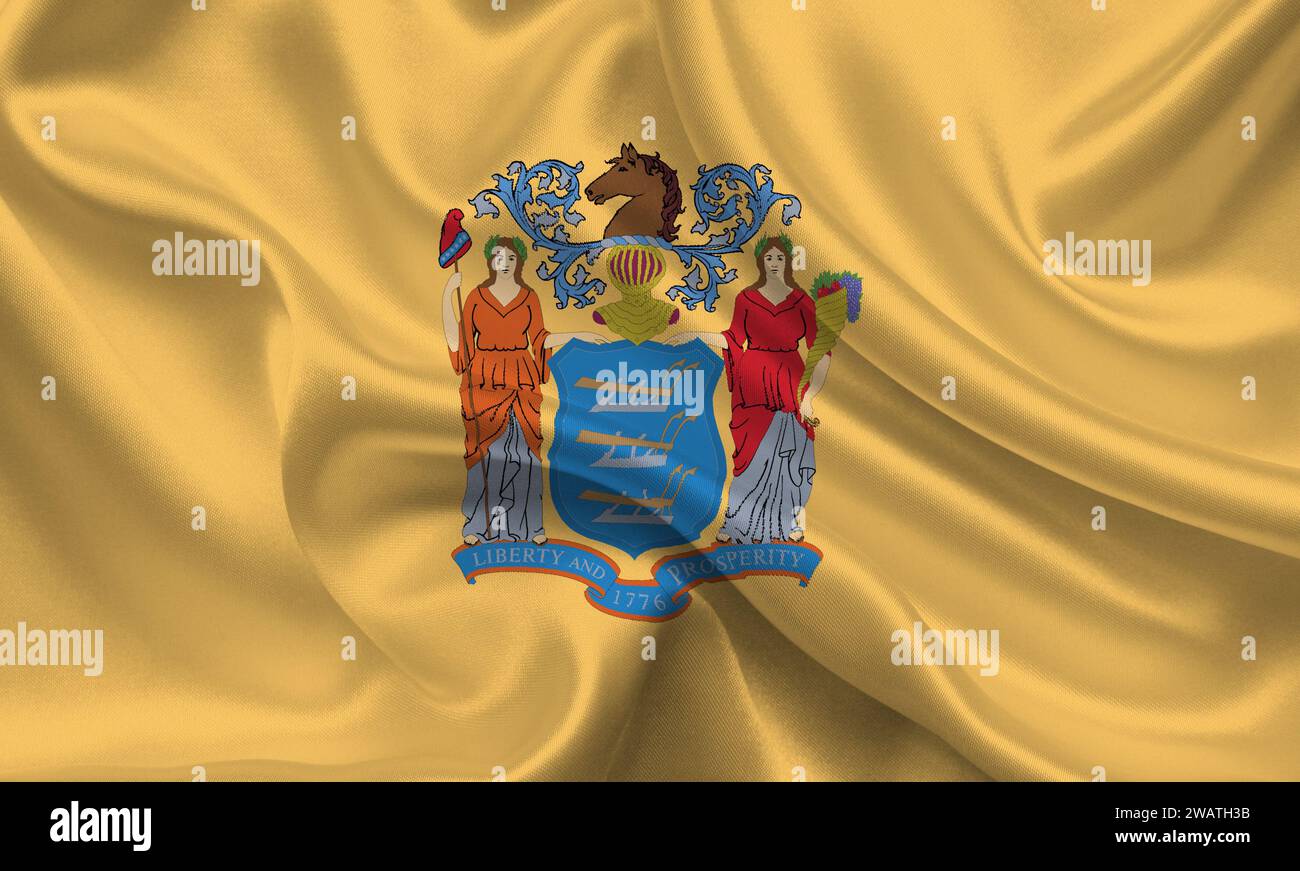High detailed flag of New Jersey. New Jersey state flag, National New Jersey flag. Flag of state New Jersey. USA. America. Stock Photo