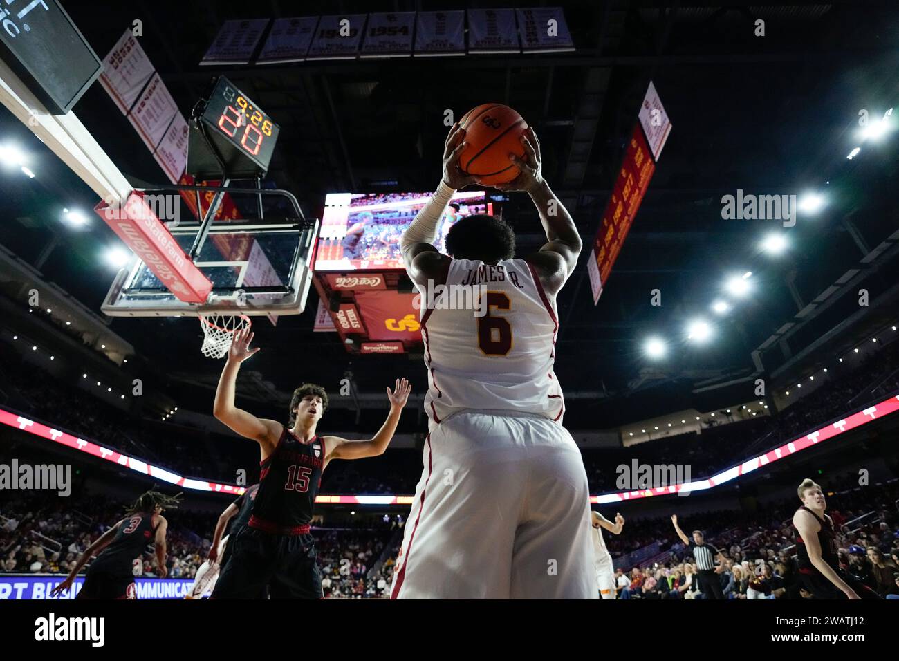 during the first half of an NCAA college basketball game in Los Angeles