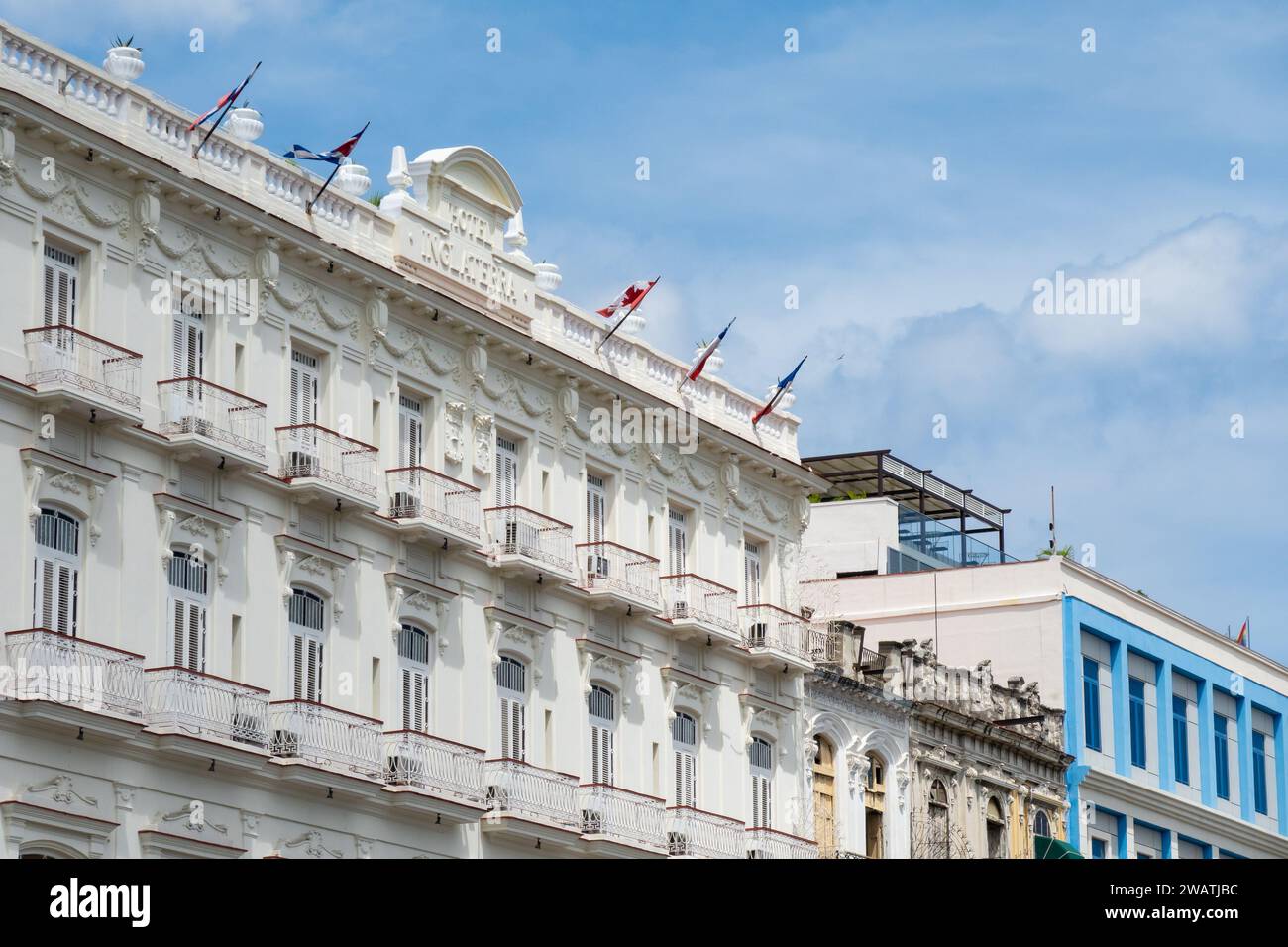 HAVANA, CUBA - AUGUST 27, 2023: Hotel Inglaterra at Parque Central in La Habana, Cuba Stock Photo
