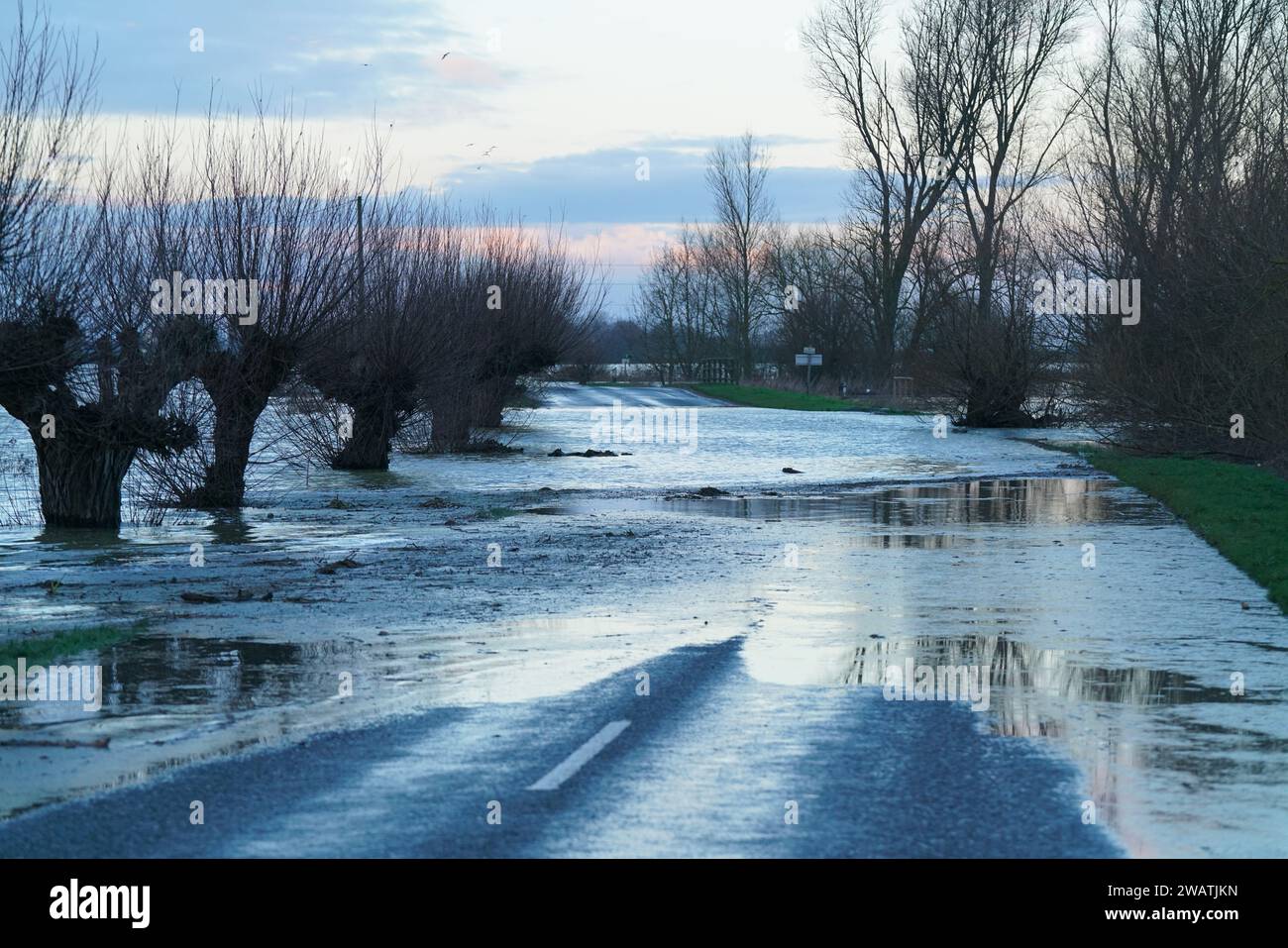 Whittlesey, UK. 6th January 2024. Heavy rainfall in the UK causing a road to be closed near the River Nene near Whittlesey flooding. Andrew Steven Graham/Alamy Live News Stock Photo