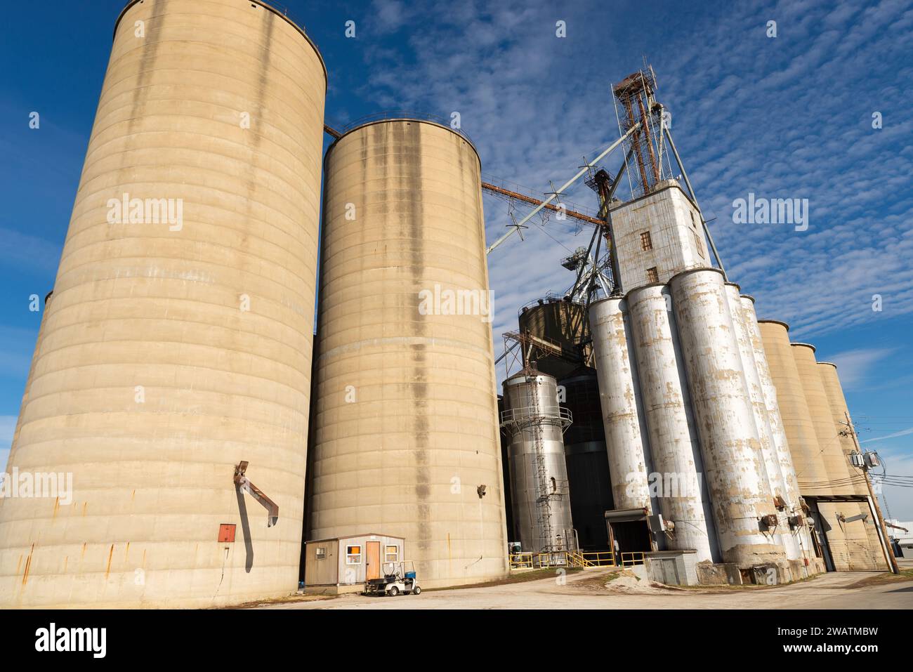 Industrial grain elevator and silos in downtown Flanagan, Illinois, USA