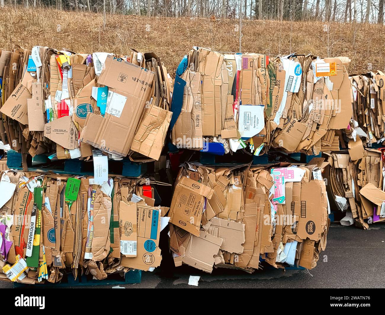 Broke down cardboard boxes are flattened and stacked ready to recycle and send to the recycling truck behind the big box store Stock Photo