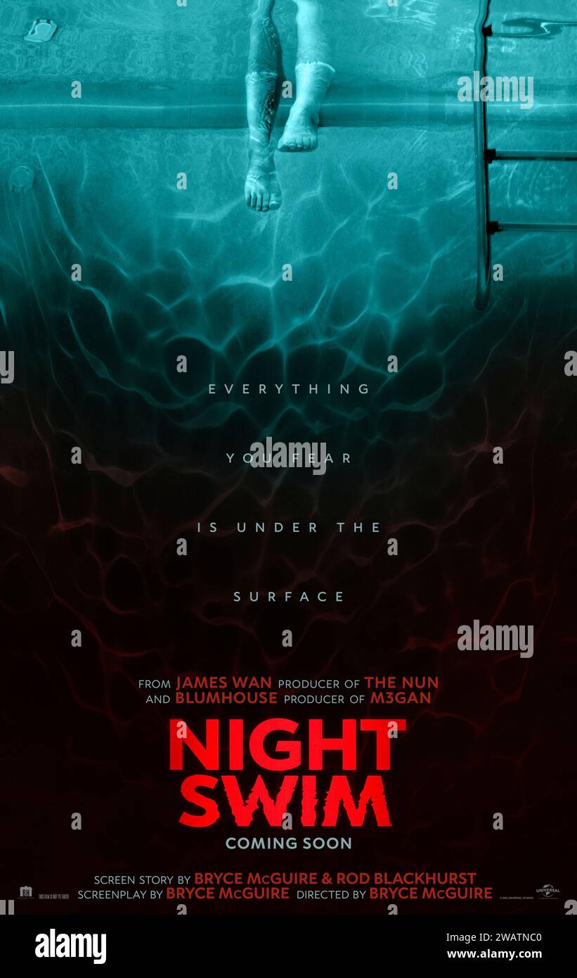 Night Swim (2024) directed by Bryce McGuire and starring Wyatt Russell, Kerry Condon and Amélie Hoeferle. A woman swimming in her pool at night is terrorized by an evil spirit. US one sheet poster ***EDITORIAL USE ONLY***. Credit: BFA / Universal Pictures Stock Photo