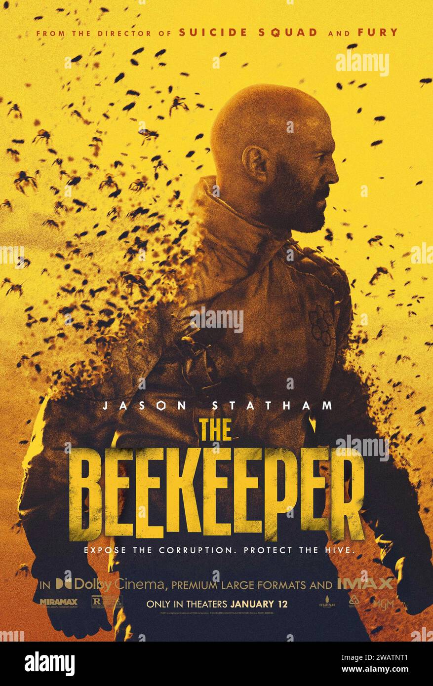 The Beekeeper (2024) directed by David Ayer and starring Jason Statham, Emmy Raver-Lampman and Bobby Naderi. One man's brutal campaign for vengeance takes on national stakes after he is revealed to be a former operative of a powerful and clandestine organization known as 'Beekeepers'. US one sheet poster ***EDITORIAL USE ONLY***. Credit: BFA / Amazon MGM Studios Stock Photo