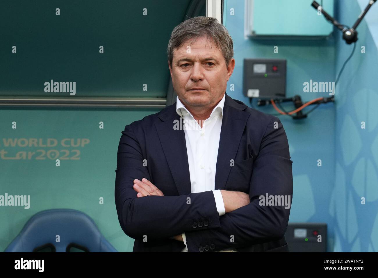 Coach Dragan Stojkovic of Serbia seen during the FIFA World Cup Qatar 2022 match between Cameroon and Serbia at Al Janoub Stadium. Final score: Cameroon 3:3 Serbia. Stock Photo