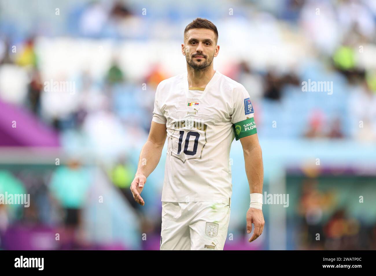 Dusan Tadic of Serbia seen during the FIFA World Cup Qatar 2022 match between Cameroon and Serbia at Al Janoub Stadium. Final score: Cameroon 3:3 Serbia. Stock Photo