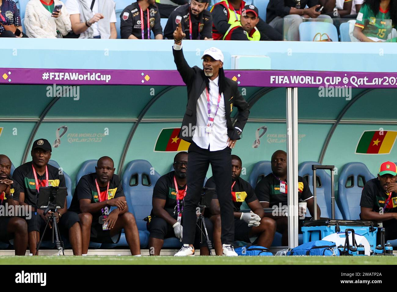 Coach Rigobert Song of Cameroon seen during the FIFA World Cup Qatar 2022 match between Cameroon and Serbia at Al Janoub Stadium. Final score: Cameroon 3:3 Serbia. Stock Photo