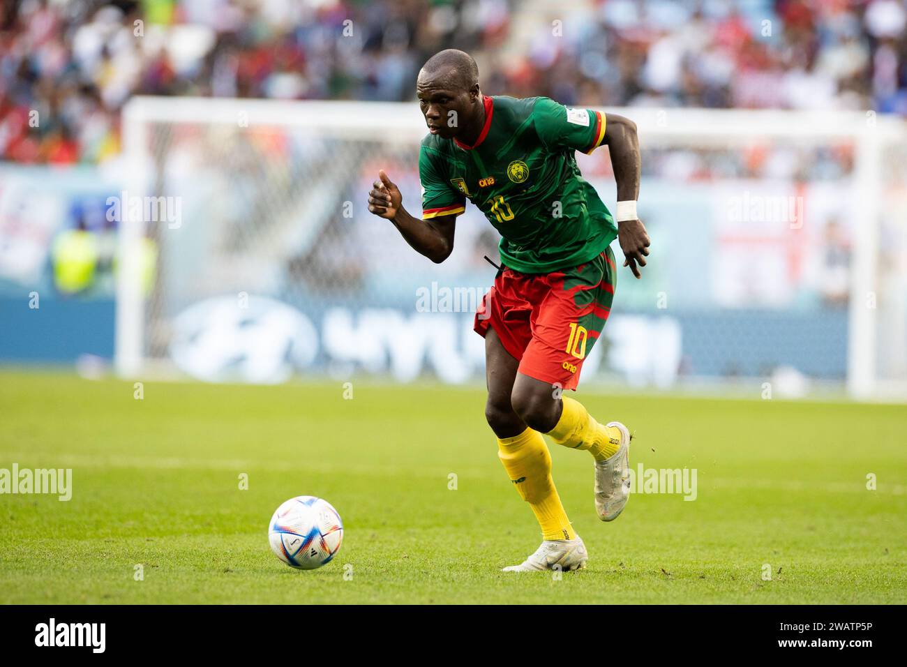 Vincent Aboubakar of Cameroon seen in action during the FIFA World Cup Qatar 2022 match between Cameroon and Serbia at Al Janoub Stadium. Final score: Cameroon 3:3 Serbia. Stock Photo