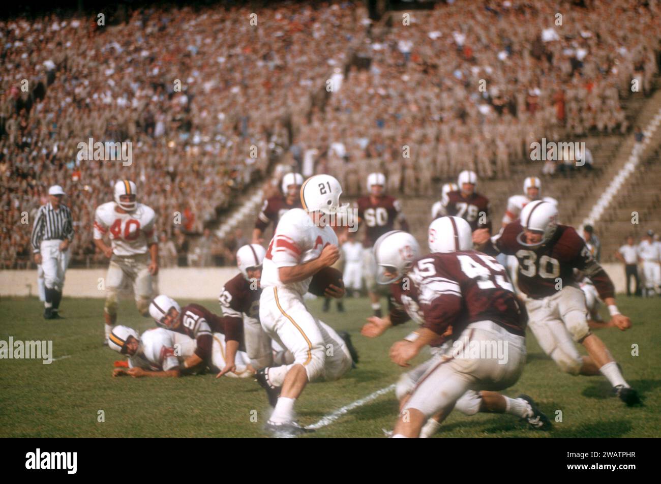 DALLAS, TX - SEPTEMBER 21:  General view of players from the #2 ranked Texas A&M Aggies playing against the Maryland Terrapins on September 21, 1957 at the Cotton Bowl in Dallas, Texas.  The Aggies defetead the Terrapins 21-13.  (Photo by Hy Peskin) Stock Photo