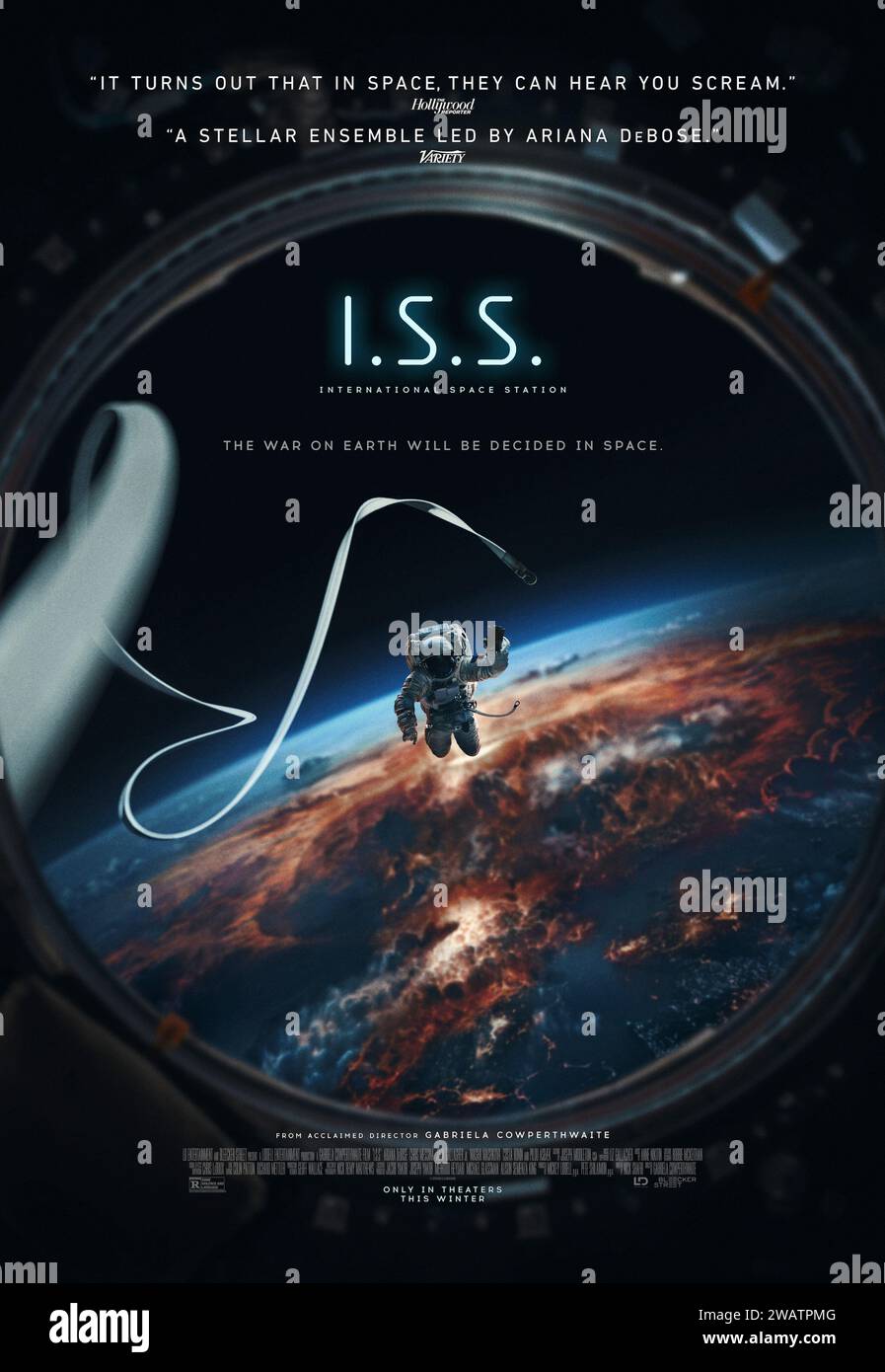 I.S.S. (2024) directed by Gabriela Cowperthwaite and starring Ariana DeBose, Chris Messina and John Gallagher Jr.. Tensions flare in the near future aboard the International Space Station as a conflict breaks out on Earth. Reeling, the US and Russian astronauts receive orders from the ground: take control of the station by any means necessary. US one sheet poster ***EDITORIAL USE ONLY***. Credit: BFA / Bleecker Street Media Stock Photo