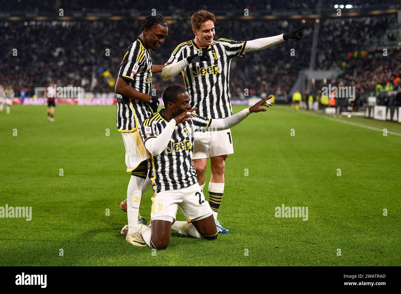 Timothy Weah (Juventus) celebrates whit his team mates after scoring his first gol whit Juventus shirt during the Coppa Italia match between Juventus Stock Photo