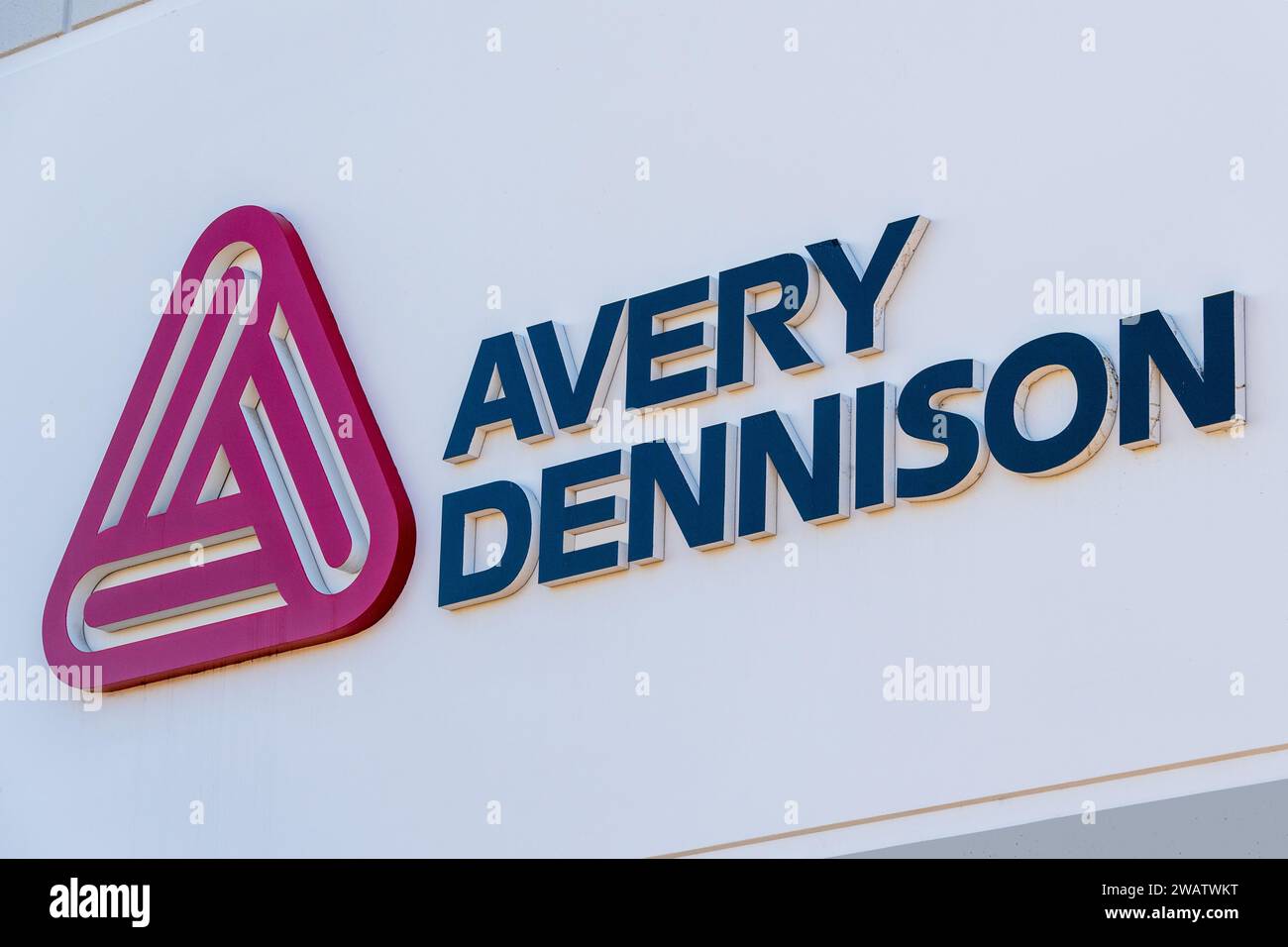 Rancho Cucamonga, CA - Dec 25, 2023: AVery Dennison Corp is the multinational manufacturer and distributor of pressure-sensitive adhesive Stock Photo