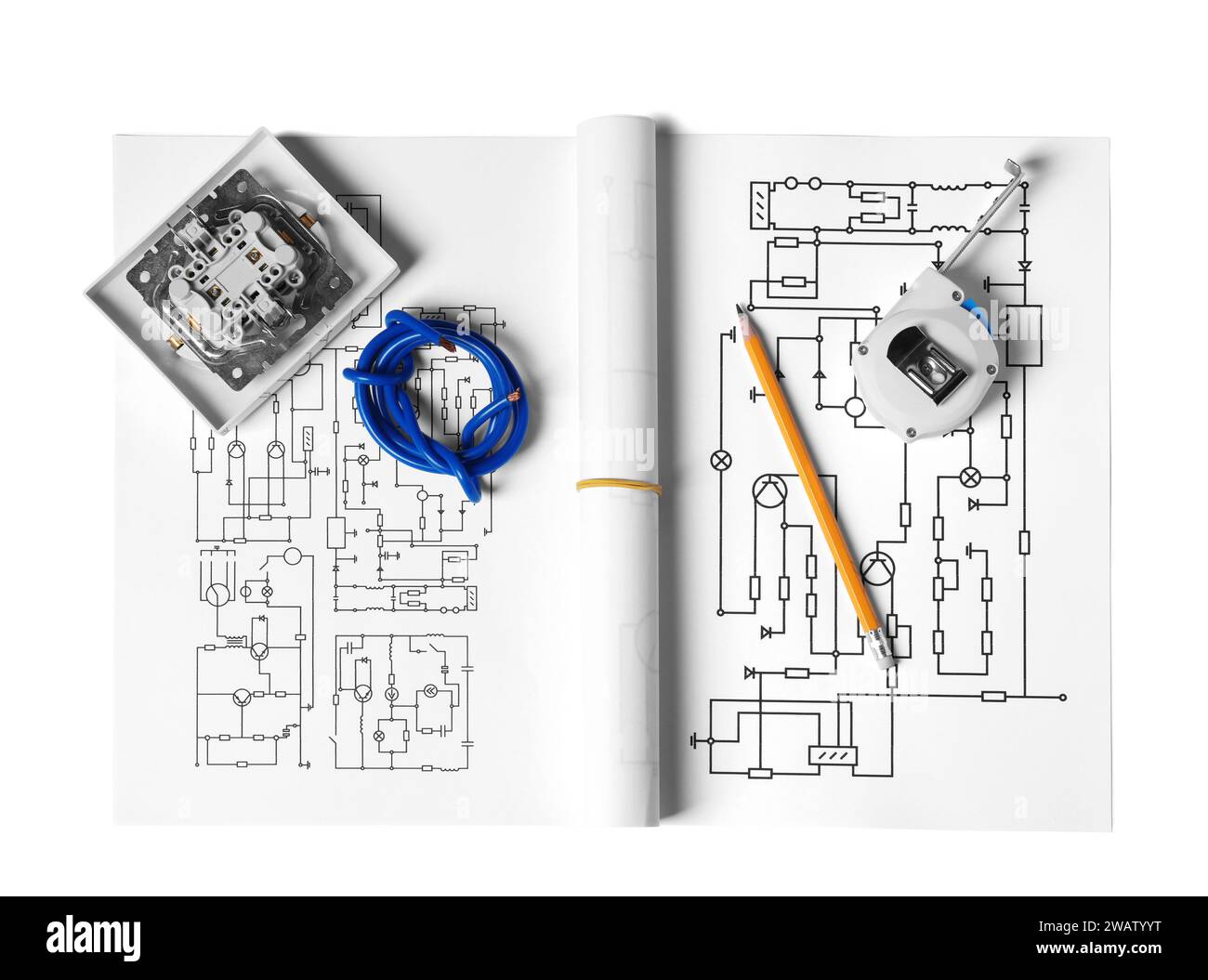 Wiring diagrams, wires, disassembled light switch, tape measure and