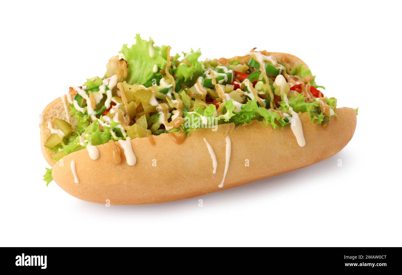 One tasty hot dog with chili, lettuce, pickles and sauces isolated on white Stock Photo