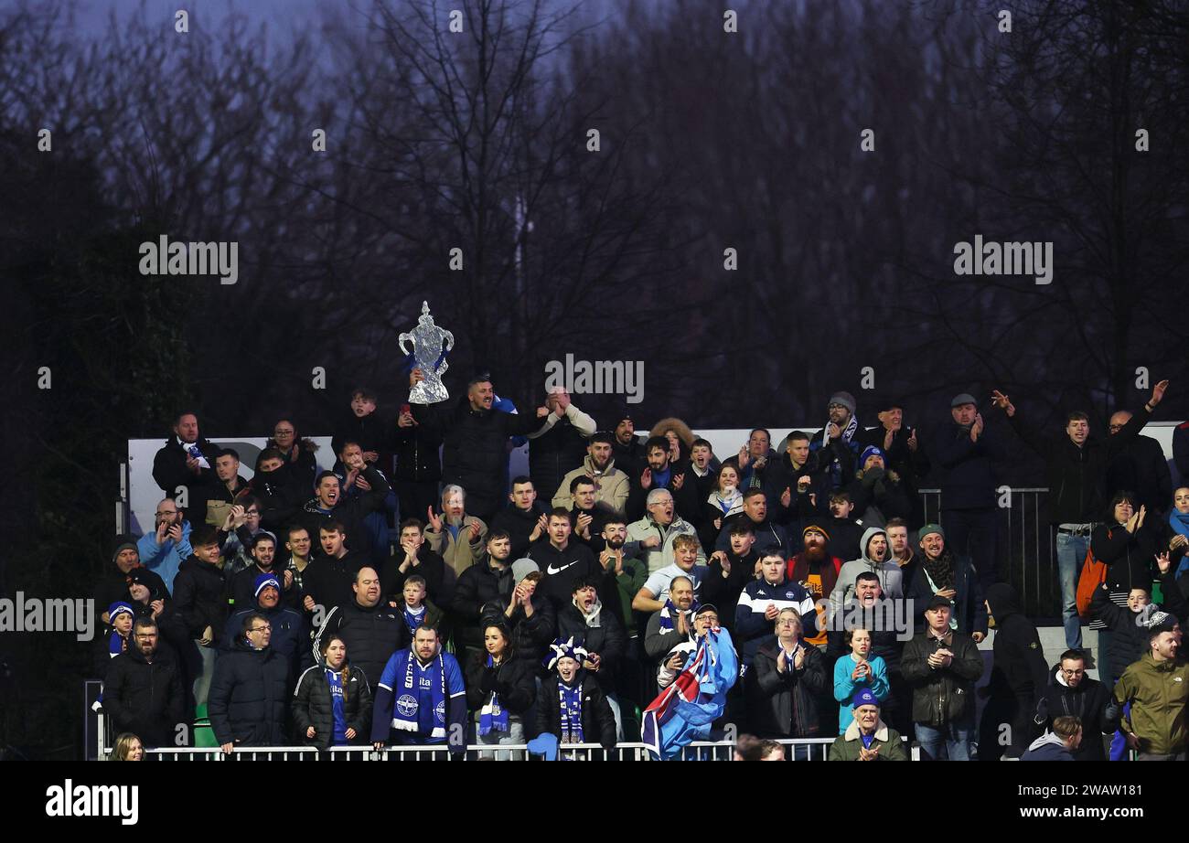 Newport, UK. 06th Jan, 2024. Eastleigh FC fans celebrate. Emirates FA