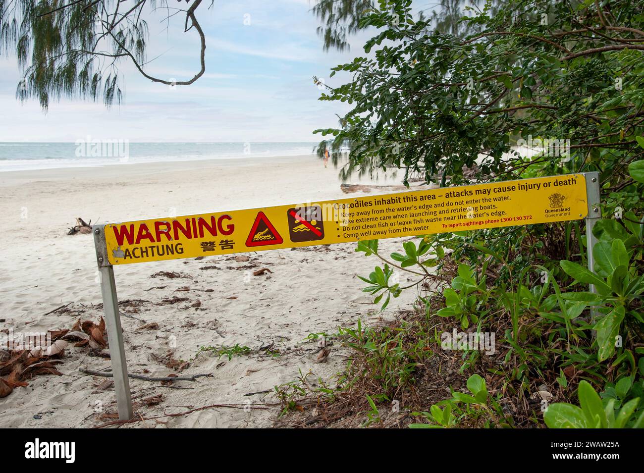 A yellow crocodile warning sign at Myall Beach in the Daintree Rainforest in Queensland, Australia. Saltwater crocodiles live in the area's waters. Stock Photo