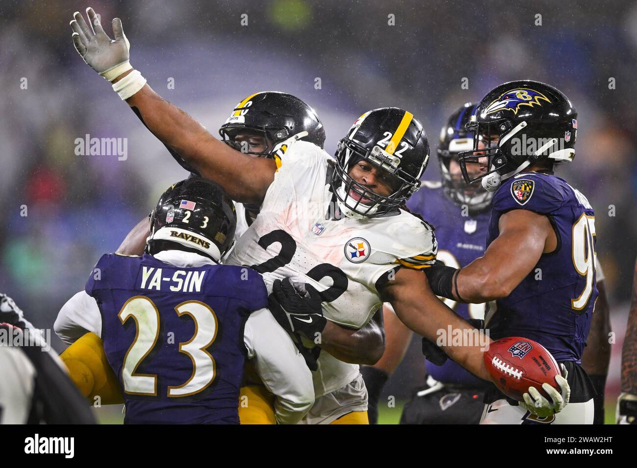 Baltimore, United States. 06th Jan, 2024. Pittsburgh Steelers running back Najee Harris (22) gestures as he earns a first down in front of Baltimore Ravens cornerback Rock Ya-Sin (23) during the second half at M&T Bank Stadium in Baltimore, Maryland, on Saturday, January 6, 2024. Pittsburgh won 17-10. Photo by David Tulis/UPI Credit: UPI/Alamy Live News Stock Photo