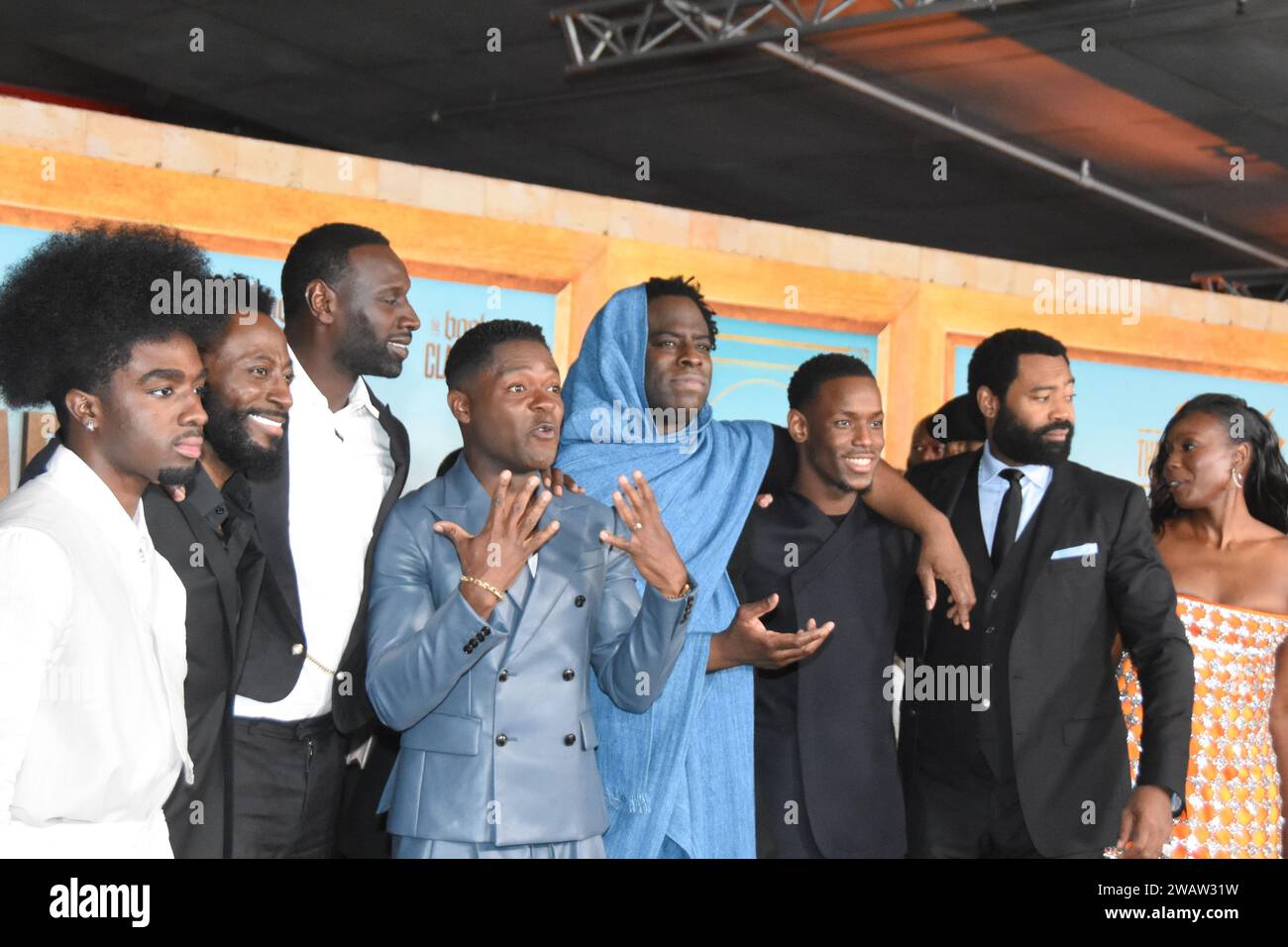 Los Angeles, California, USA 5th January 2024 Actor Caleb McLaughlin, Actor Babs Olusanmokun, Actor Omar Sy, Actor David Oyelowo, Director Jeymes Samuel, Actor Micheal Ward, Actor Nicholas Pinnock attend Sony Pictures The Book of Clarence Los Angeles Premiere at David Geffen Theater at Academy Museum of Motion Pictures on January 5, 2024 in Los Angeles, California, USA. Photo by Barry King/Alamy Stock Photo Stock Photo