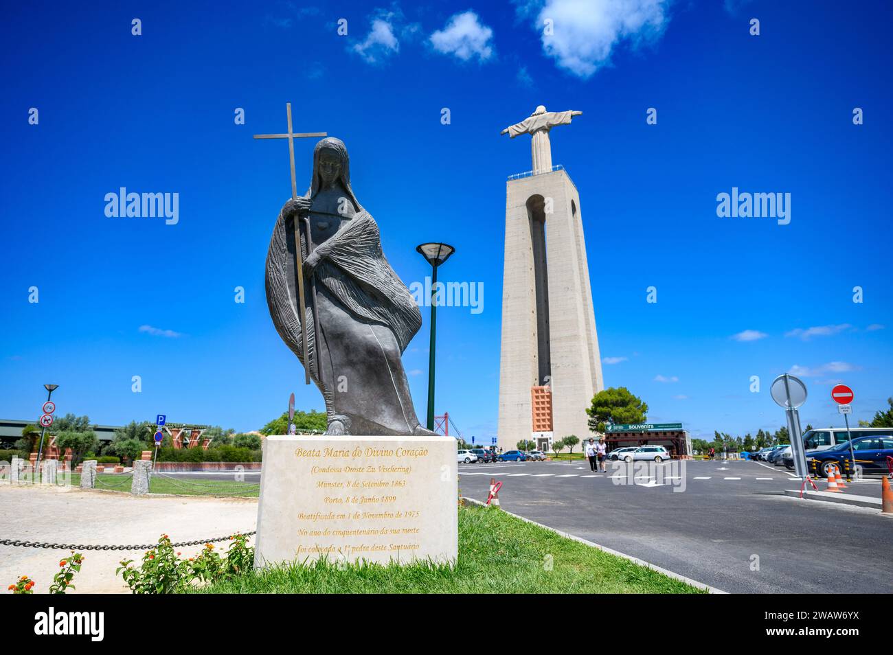 Statue of Blessed Mary of the Divine Heart (Maria do Divino Coração). The Shrine of Christ the King (Santuário de Cristo Rei) in Almada, Portugal. Stock Photo