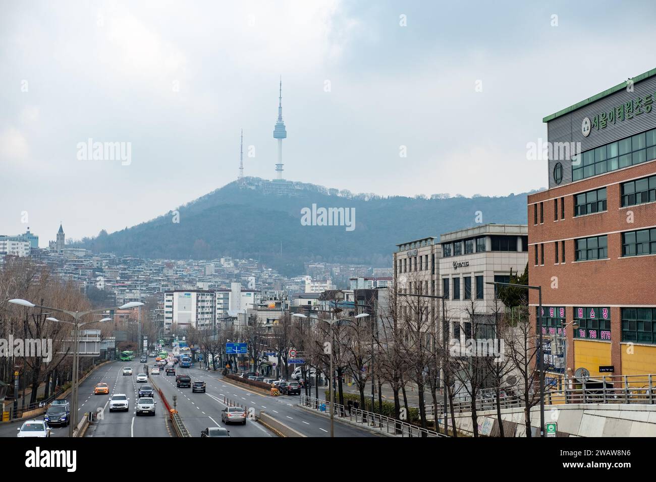 Seoul, South Korea 19 February 2023 View of N Seoul Tower from Noksapyeong Bridge, one of the