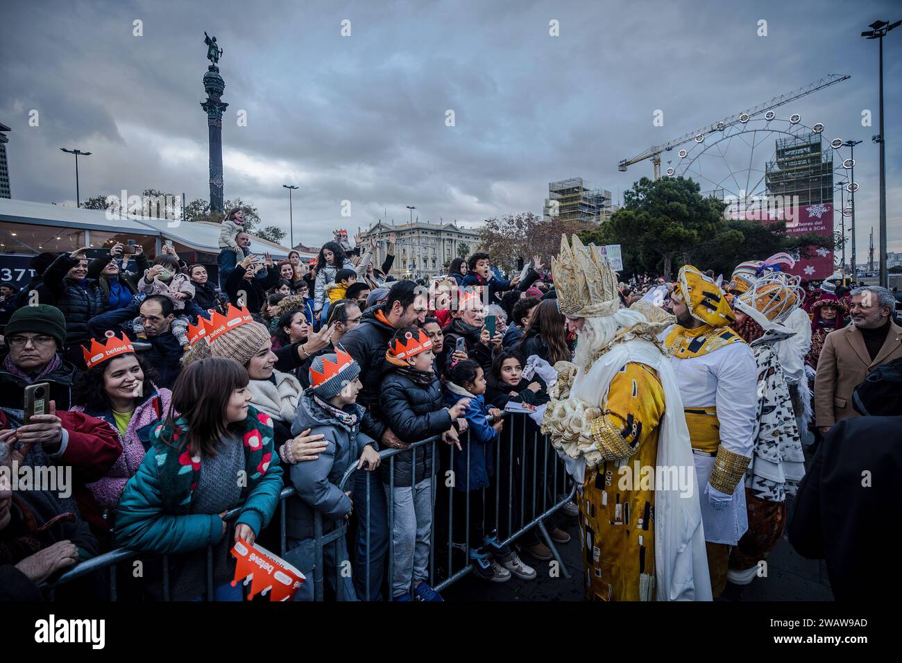 Barcelona, Spain. 05th Jan, 2024. Three Wise Men greet the people