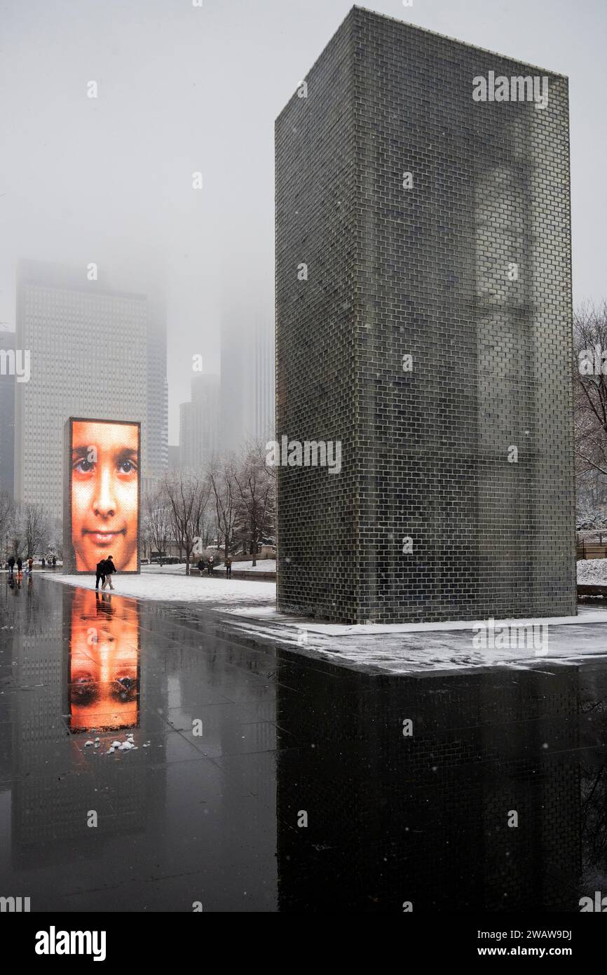 Chicago, USA. 6 January 2024. Chicago weather Crown Fountain, an