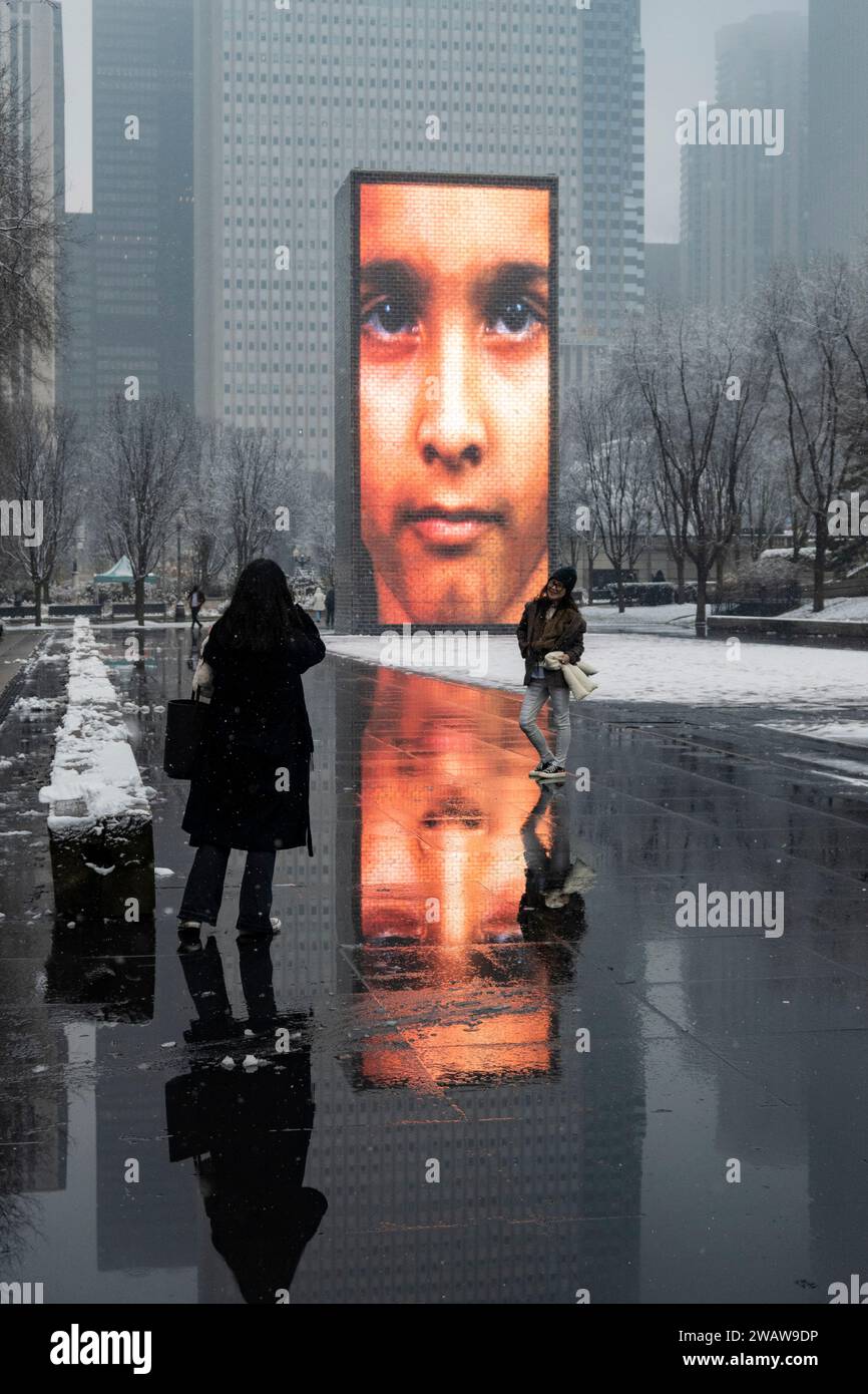 Chicago, USA. 6 January 2024. Chicago weather Crown Fountain, an
