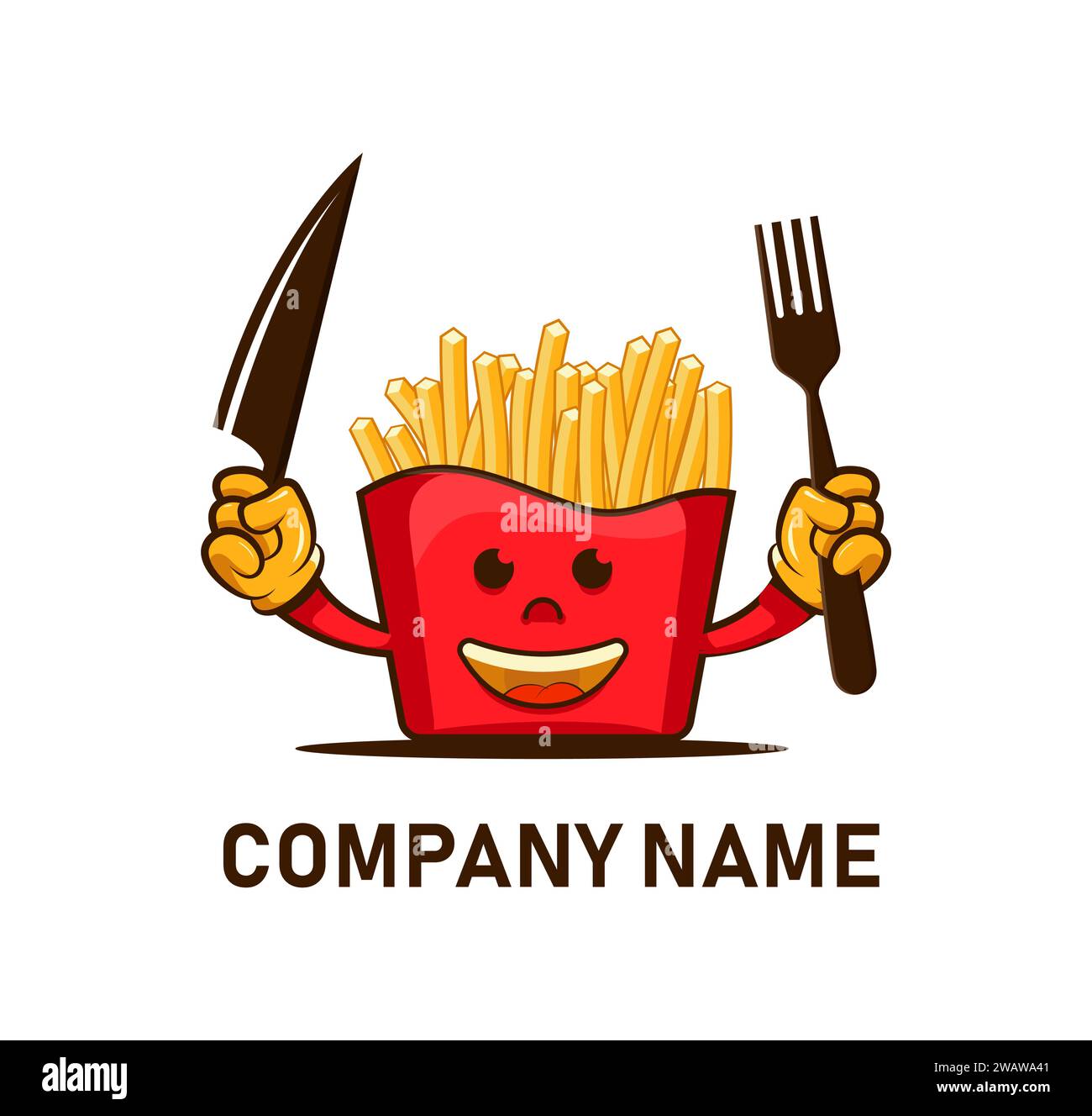 french fries take away boxes mascot cartoon character holding a knife and fork vector logo design Stock Vector