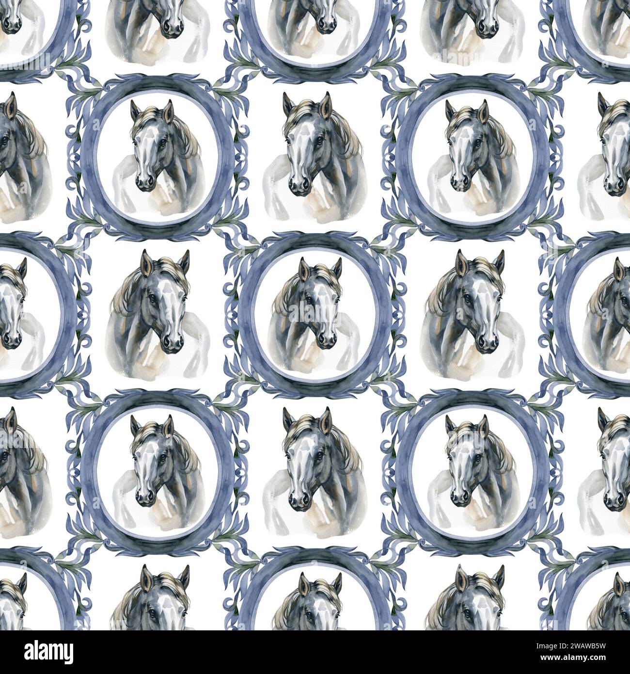 Watercolor seamless pattern horses with antique frame. Designed for