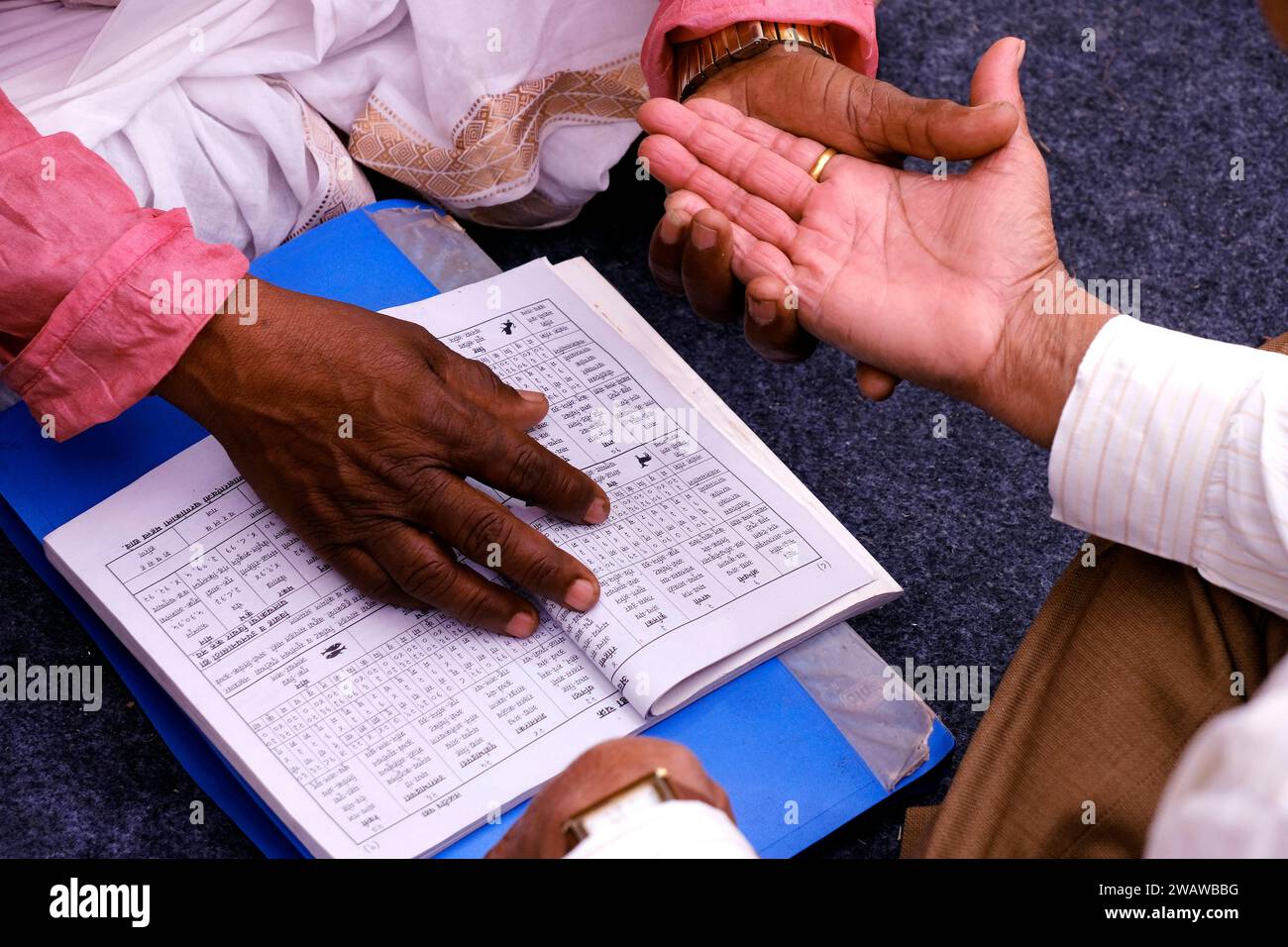 Pune, Maharashtra, India, Palmistry (Palm) Reading, Hast Rekha Reading, A person knowing his future by showing the hand lines on his hand from a Astro Stock Photo