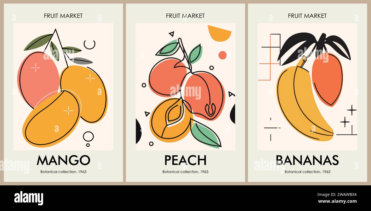 Set of abstract Fruit Market retro posters vector. Stock Vector