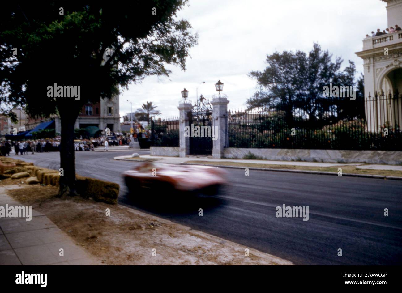 HAVANA, CUBA - FEBRUARY 24:  Juan Manuel Fangio (1911-1995) driver of the Maserati 300S races during the 1957 Cuban Grand Prix on February 24, 1957 in Havana, Cuba.  Fangio would win the race. (Photo by Hy Peskin) *** Local Caption *** Juan Manuel Fangio Stock Photo