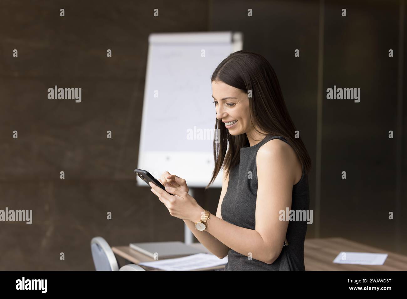 Cheerful attractive Latin business professional woman using online service Stock Photo