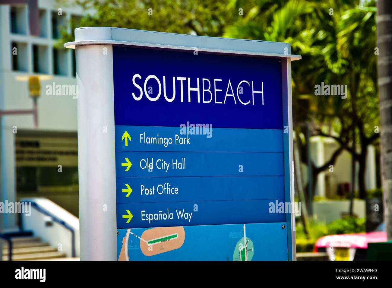 Capture the essence of Miami with images featuring a south direction road sign on the I-95. Explore the scenic beauty and landmarks like Lummus Park w Stock Photo