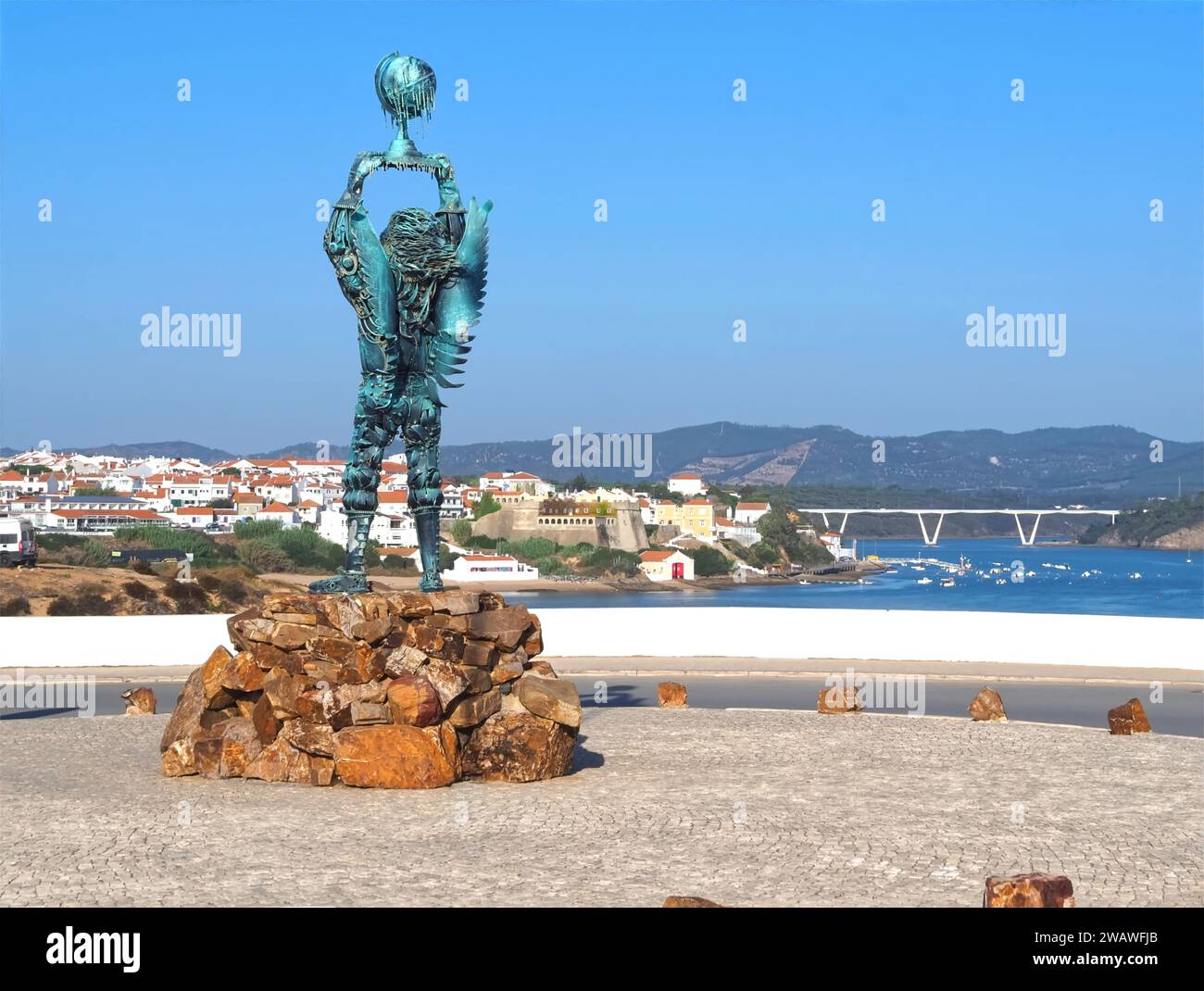 Iron archangel statue by Aureliano Aguiar in vila nova de Milfontes in Portugal Stock Photo