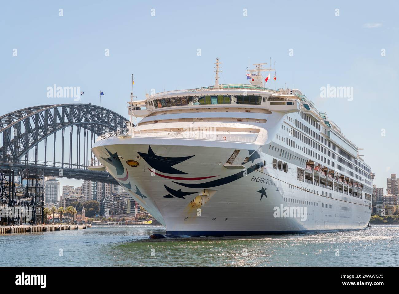 Sydney, Australia - April 19, 2022: P&O Cruises Pacific Explorer cruise ship on the way from Sydney Harbour to White Bay Cruise Terminal Stock Photo