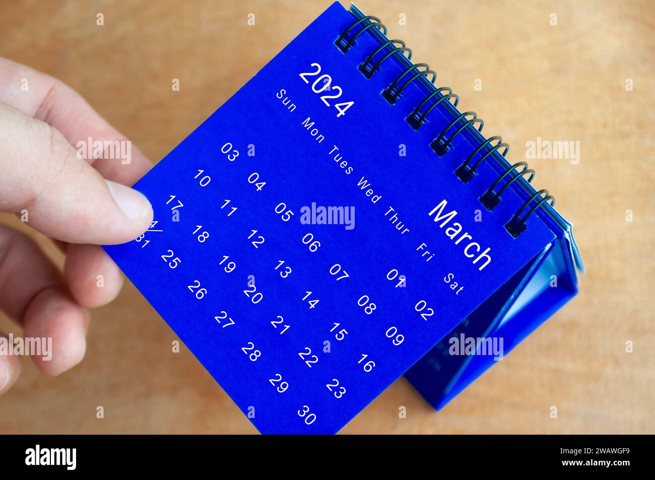 Hand showing March 2024 table calendar on wooden background. Calendar concept. Stock Photo
