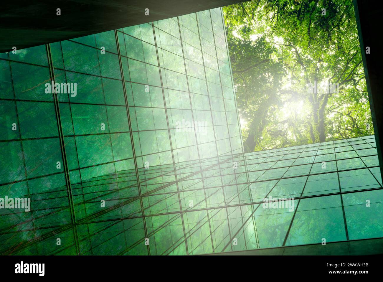 Picture of Eco-friendly building in modern city. Sustainable glass office building ...
