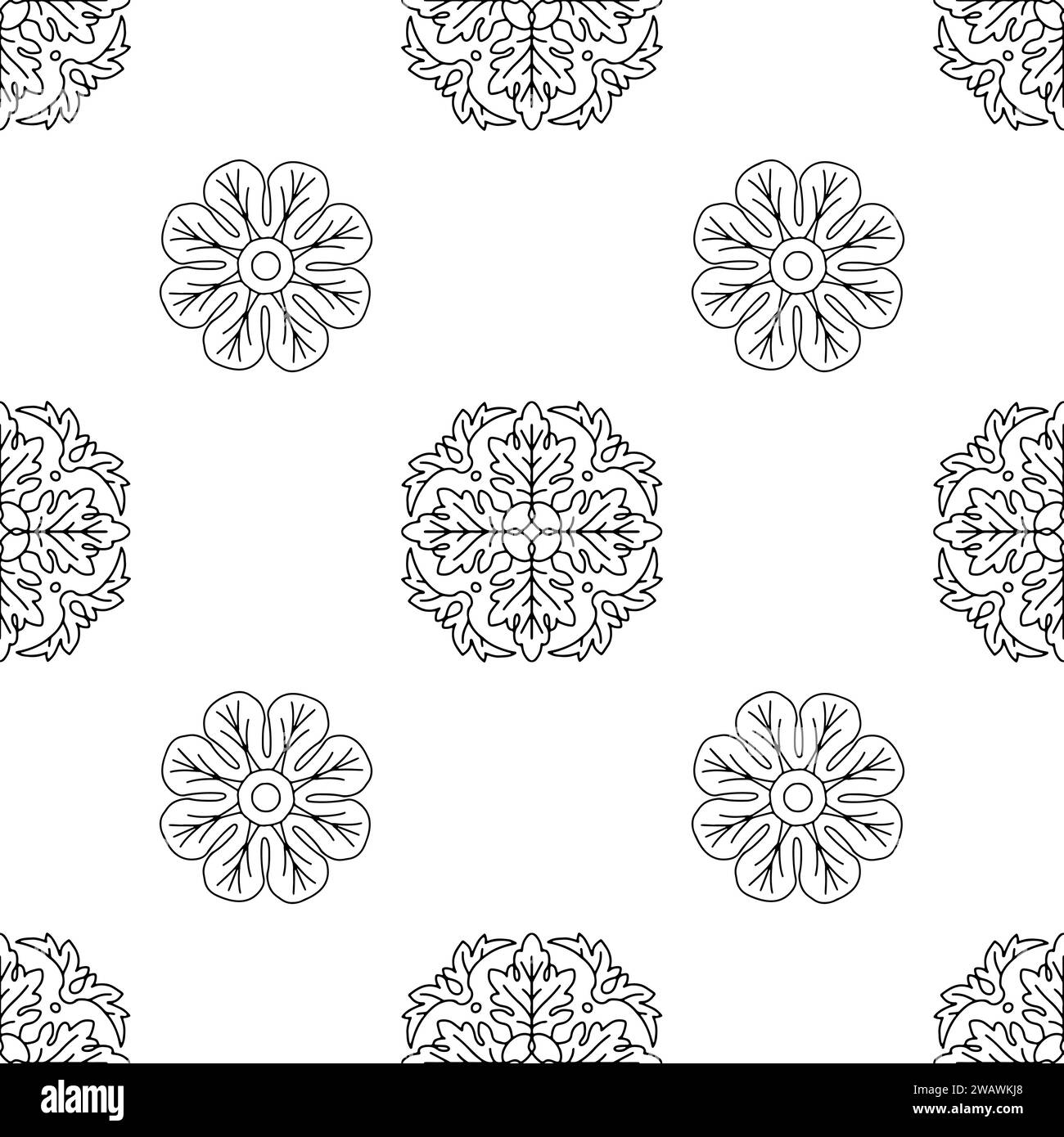 Seamless pattern with hand drawn linear classic floral rosettes Stock Vector