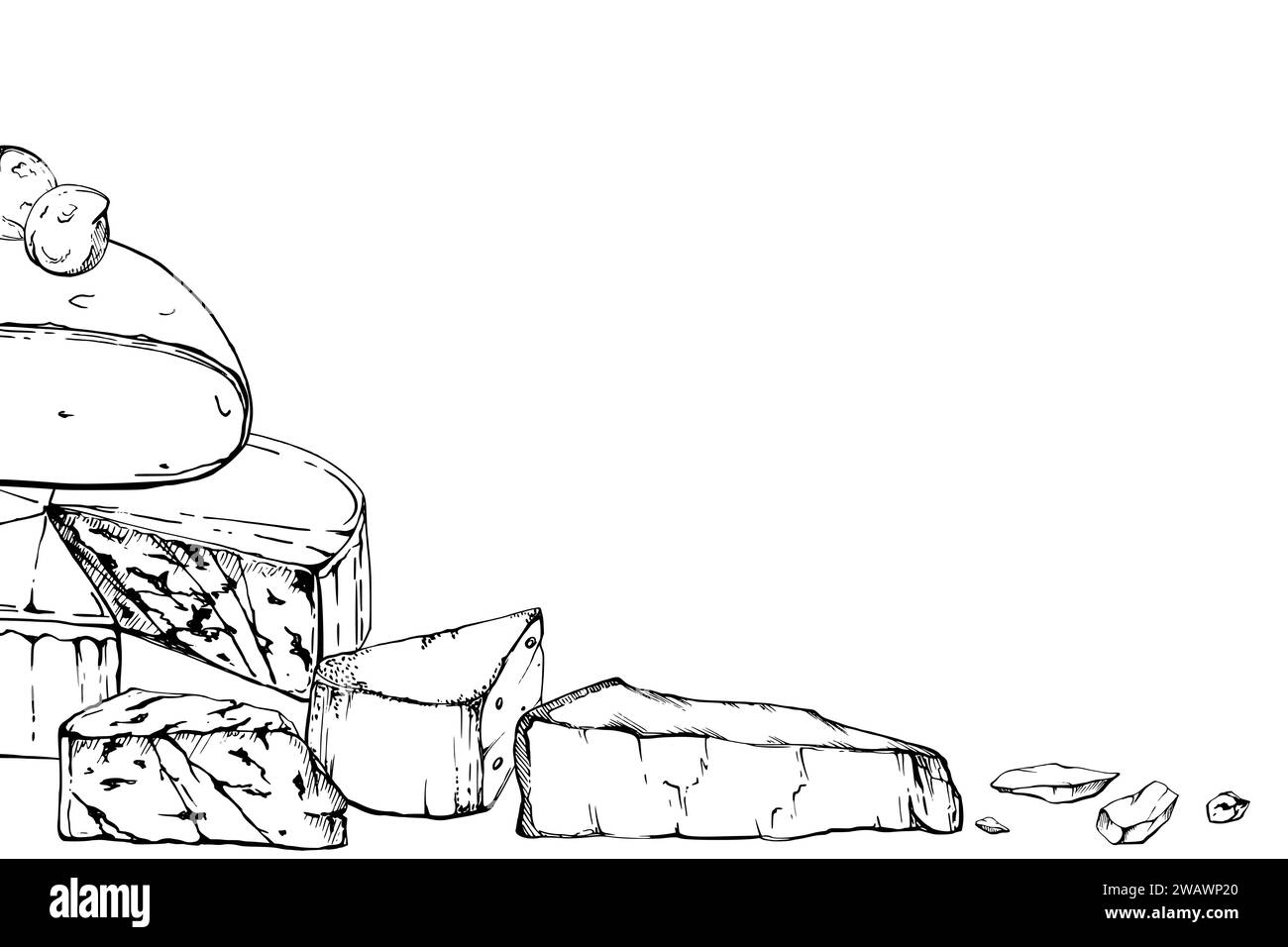 Hand drawn vector ink illustration. Assortment cheese mozzarella