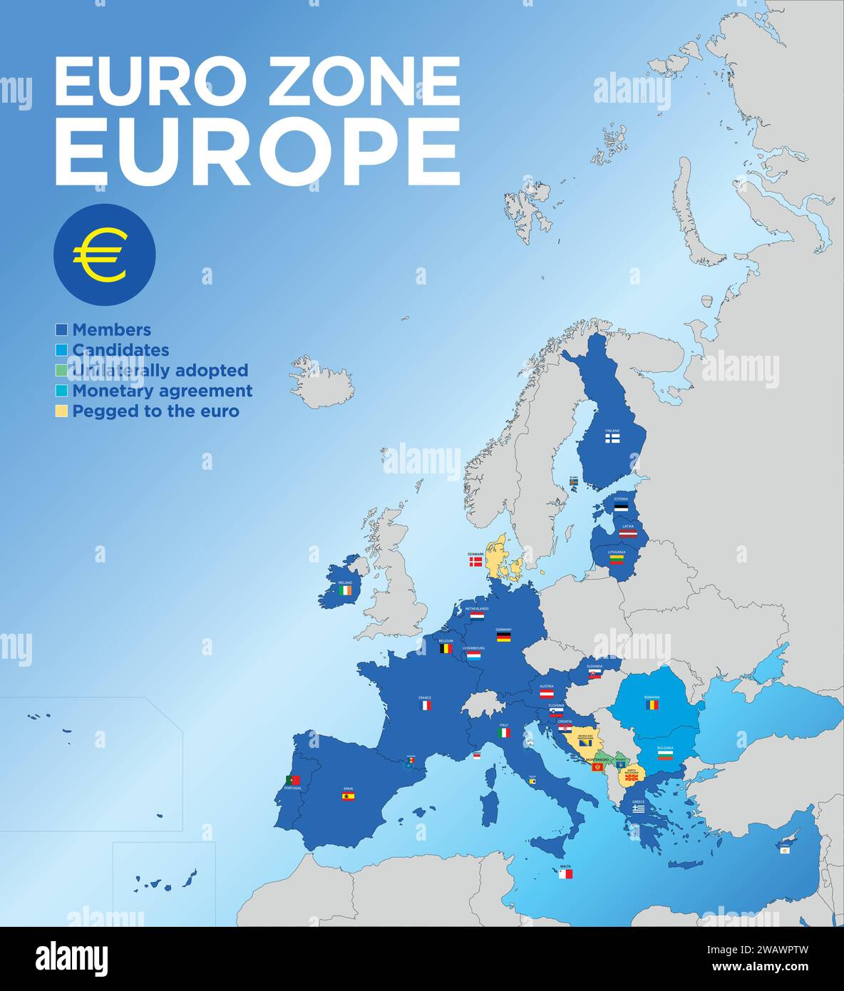 Euro Zone currency, year 2024, vector illustration, map of the european Euro Zone currency with flags, borders and territories Stock Vector