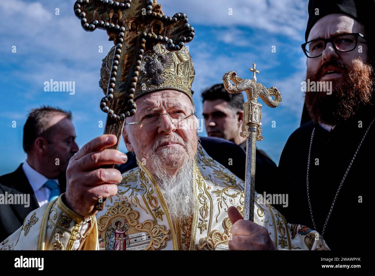 Istanbul, Turkey. 06th Jan, 2024. Greek Orthodox Ecumenical Patriarch Bartholomew I of Constantinople conducts the Epiphany mass during the Epiphany day celebrations at the Church of Fener Orthodox Patriarchate. Hundreds of believers celebrate the epiphany and baptism of Jesus. (Photo by Shady Alassar/SOPA Images/Sipa USA) Credit: Sipa USA/Alamy Live News Stock Photo