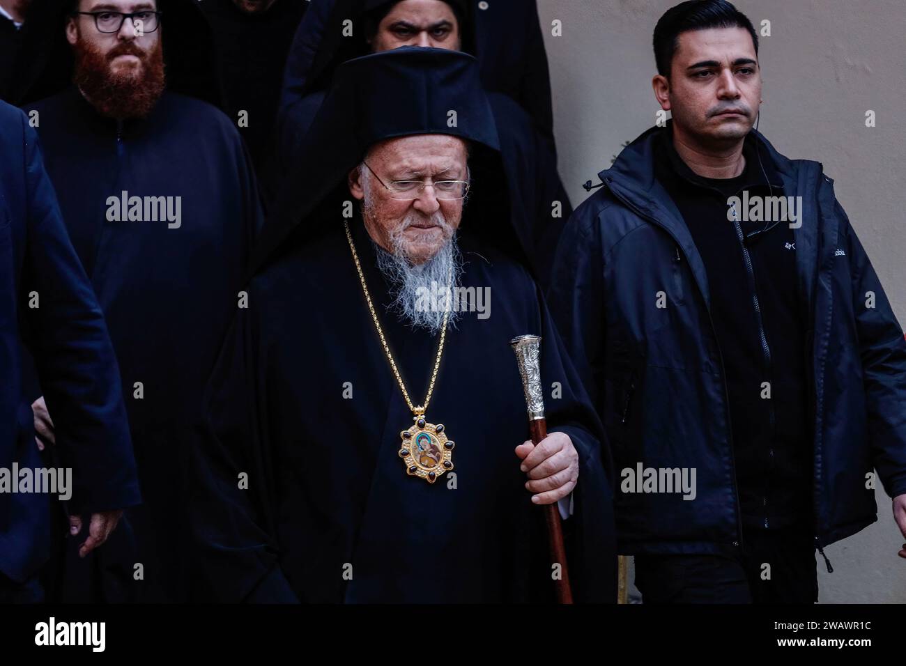 Istanbul, Turkey. 06th Jan, 2024. Greek Orthodox Ecumenical Patriarch Bartholomew I of Constantinople conducts the Epiphany mass during the Epiphany day celebrations at the Church of Fener Orthodox Patriarchate. Hundreds of believers celebrate the epiphany and baptism of Jesus. (Photo by Shady Alassar/SOPA Images/Sipa USA) Credit: Sipa USA/Alamy Live News Stock Photo