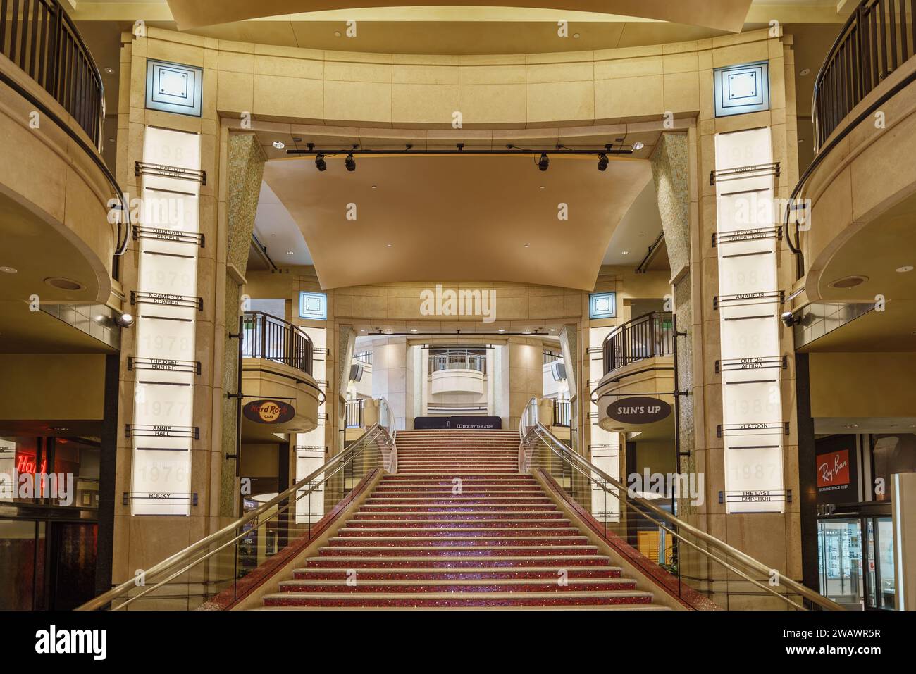 The Grand Staircase inside the Dolby Theatre on Hollywood Boulevard in Los Angeles, California, USA. Venue of the annual Academy Awards ceremony. Stock Photo