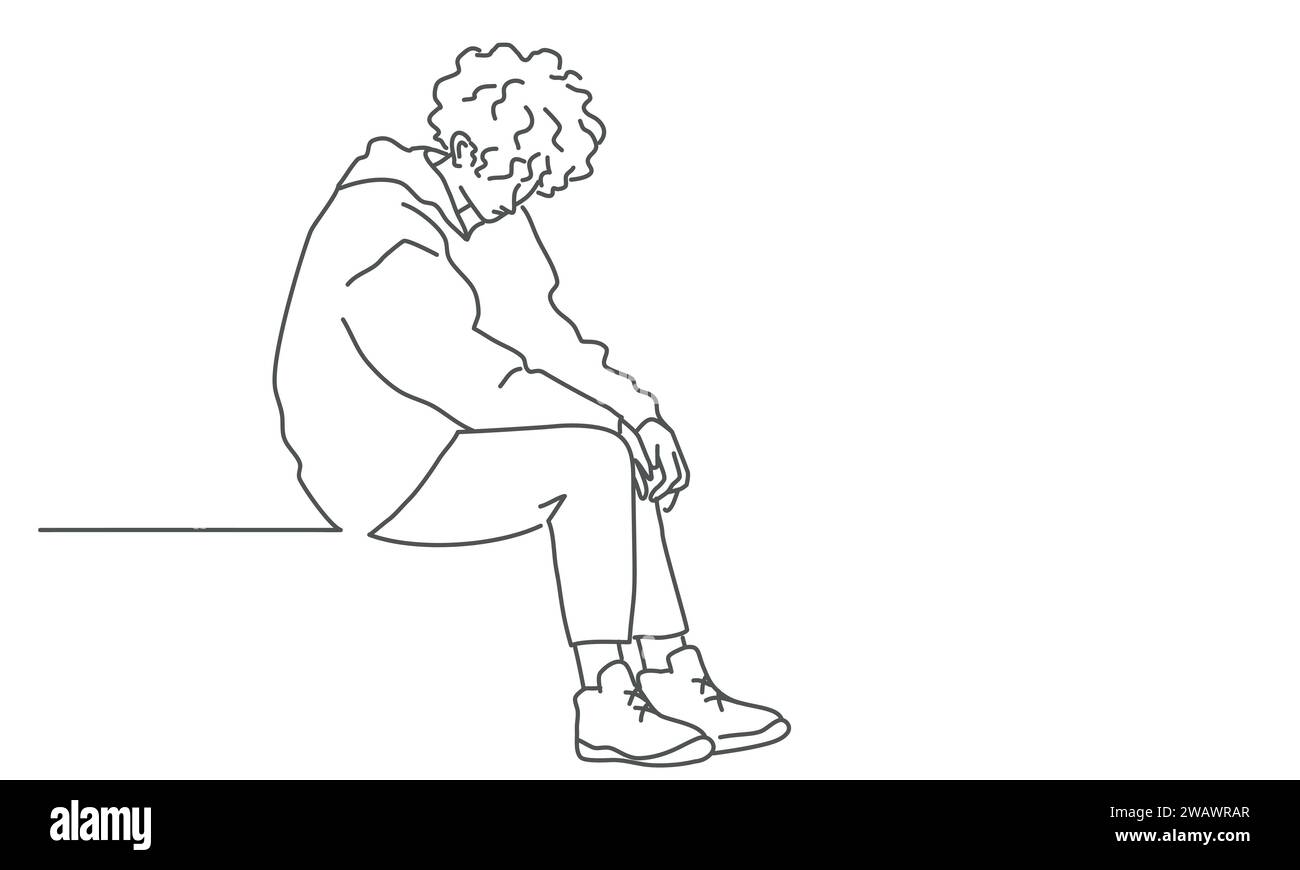 Boy sits there feeling lonely. Hand drawn vector illustration. Black and white. Stock Vector