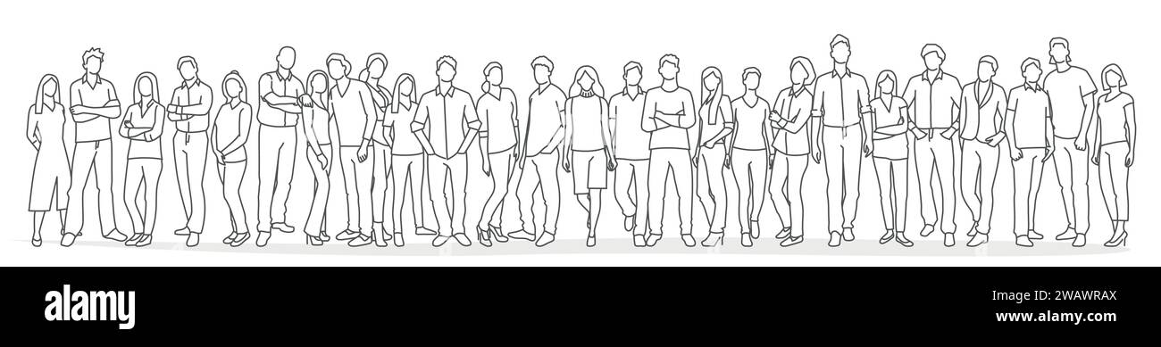 Group of young people. Modern vector simple outline stylized illustrations for graphic, web design. Hand drawn vector illustration. Black and white. Stock Vector