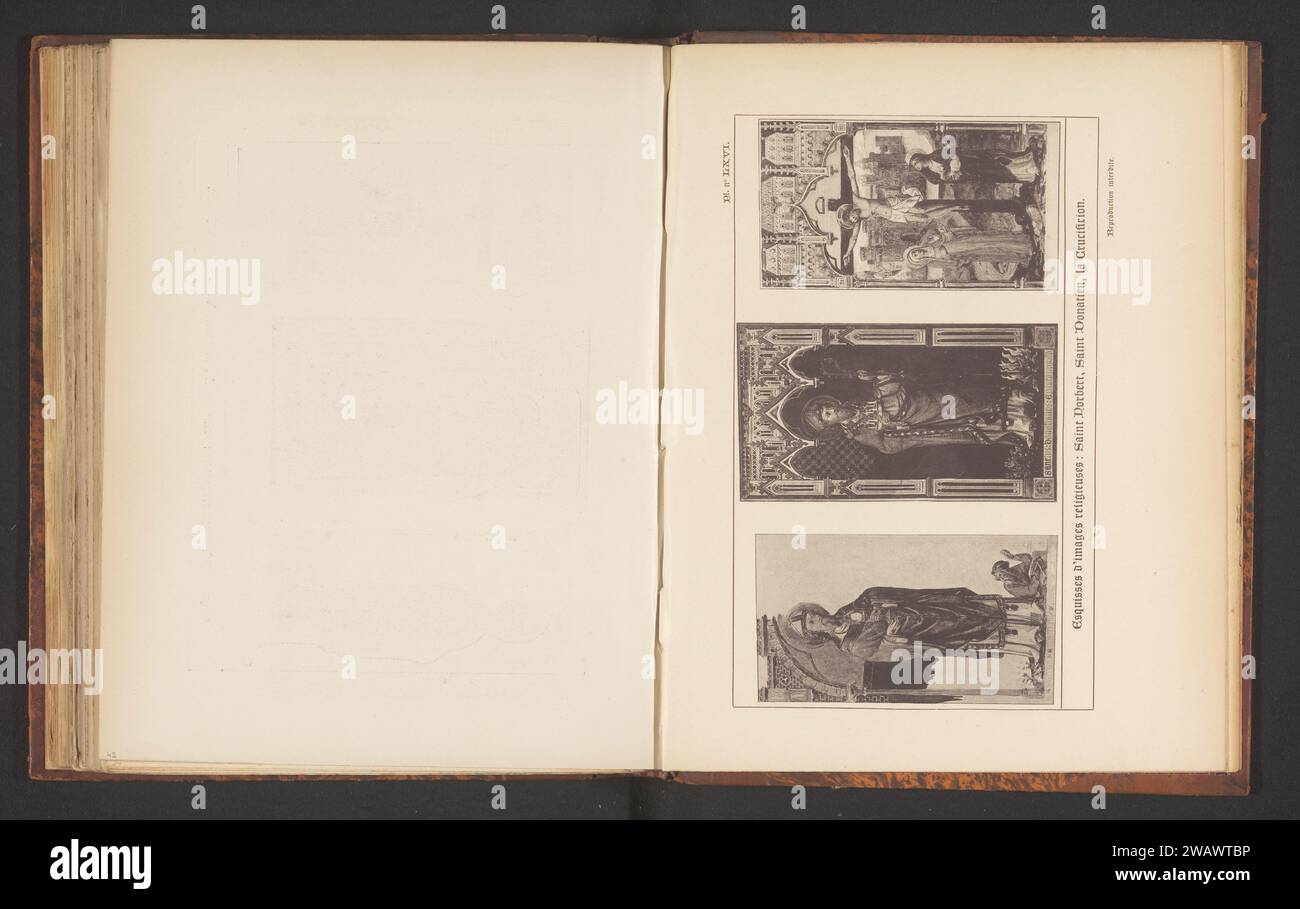 Reproduction of three sketches, depicted Sint Norbertus, Sint Donatianus and the crucifixion of Christ, Joseph Casier (Possible), after Anonymous, c. 1891 - In or Before 1896 photomechanical print   paper collotype the founder of the Praemonstratensians, and archbishop of Magdeburg, Norbert; possible attributes: chalice (with spider), devil under feet, monstrance, the heretic Tankelin. saints. crucified Christ with Mary and John on either side of the cross; Holy Rood Stock Photo